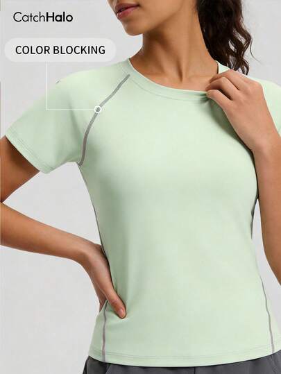 Yoga Tee For Women - Round Neck & Short Sleeve & Slim Fit Workout T-Shirt | Knit Fabric Lightweight & Breathable & Quick Dry & High Stretch Gym Wear Top For Yoga, Pilate, Gym, Running, Cycling (Baby Blue, S~L)