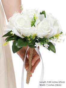 Artificial White Rose Bridal Wedding Bouquet, Lace Bow & Rhinestone Decor, Proposal Gift, Toss Bouquet - Multicolor - View 17