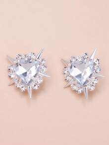 1只银色心形水钻耳环，简约设计，女士日常佩戴耳饰 - 銀色 - 查看 6