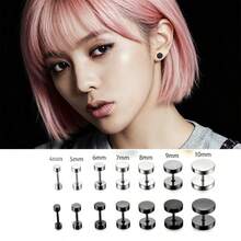 Pendientes de barra de acero de titanio negro, pendientes de mancuerna redonda de estilo hip hop y rock con tornillo - Plateado - Ver 2