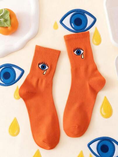 1 Pair Orange Eye Embroidery Mid-Calf Socks, Minimalist Versatile Casual Sports Socks For Spring/Summer