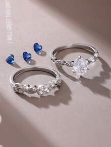 Bộ 2 nhẫn cưới nữ thanh lịch, nhẫn hình bầu dục cổ điển sáng bóng đính đá Cubic Zirconia tổng hợp, nhẫn đôi, tượng trưng cho sự sang trọng và quý phái, chế tác những chiếc nhẫn đính hôn/cưới duyên dáng và đẹp mắt. - Bạc - Xem 5