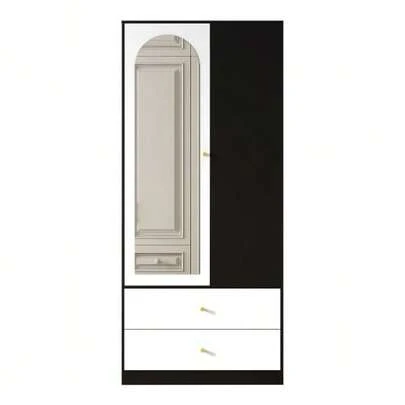 Kleiderschrank Mit Spiegel Und Einer Tür. Modern Cabinet With 2 Schubladen And 4 Einlegeböden, Ideal For Long-Term Storage. White+Black, Mass: 80x40x180 Cm