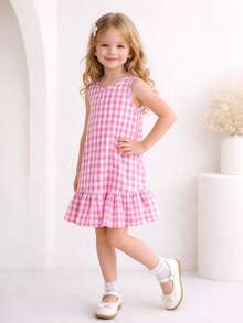 女童夏季宽松格子无袖A字连衣裙，荷叶边下摆，甜美度假风，适合外出和派对 - 粉色 - 查看 3