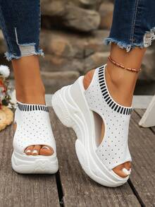 Damen Offene Zehen Gewebte Keilsandalen, Schnür-Absatz-Plateau-Sneaker mit atmungsaktivem Mesh, Keilabsatz mit dicker Sohle, bequeme Schuhe, lässiger Street-Style für den täglichen Sommertrag - Weiss - Übersicht 4