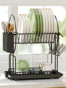 Estante de cocina negro de 2 niveles con drenaje automático, resistente a la oxidación, soporte para cubiertos y escurridor de platos, estantería de almacenamiento de cocina ahorradora de espacio - Multicolor - Ver 1