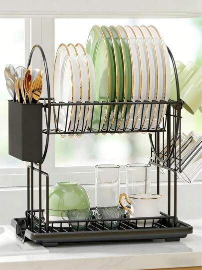 Estante de cocina negro de 2 niveles con drenaje automático, resistente a la oxidación, soporte para cubiertos y escurridor de platos, estantería de almacenamiento de cocina ahorradora de espacio