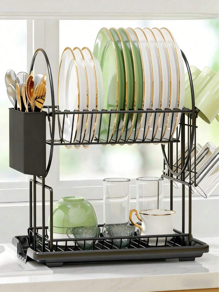 Estante de cocina negro de 2 niveles con drenaje automático, resistente a la oxidación, soporte para cubiertos y escurridor de platos, estantería de almacenamiento de cocina ahorradora de espacio - Multicolor - Ver 1