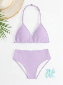 Bộ bikini mới năm 2026 dành cho bé gái tuổi teen, chất liệu vải dệt kim cao cấp, thiết kế cổ yếm chữ V, gồm 2 mảnh, đồ bơi thời trang phù hợp cho kỳ nghỉ hè. - Màu tím hoa cà - Xem 1