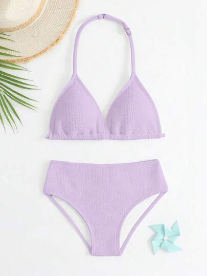 Bộ bikini mới năm 2026 dành cho bé gái tuổi teen, chất liệu vải dệt kim cao cấp, thiết kế cổ yếm chữ V, gồm 2 mảnh, đồ bơi thời trang phù hợp cho kỳ nghỉ hè.