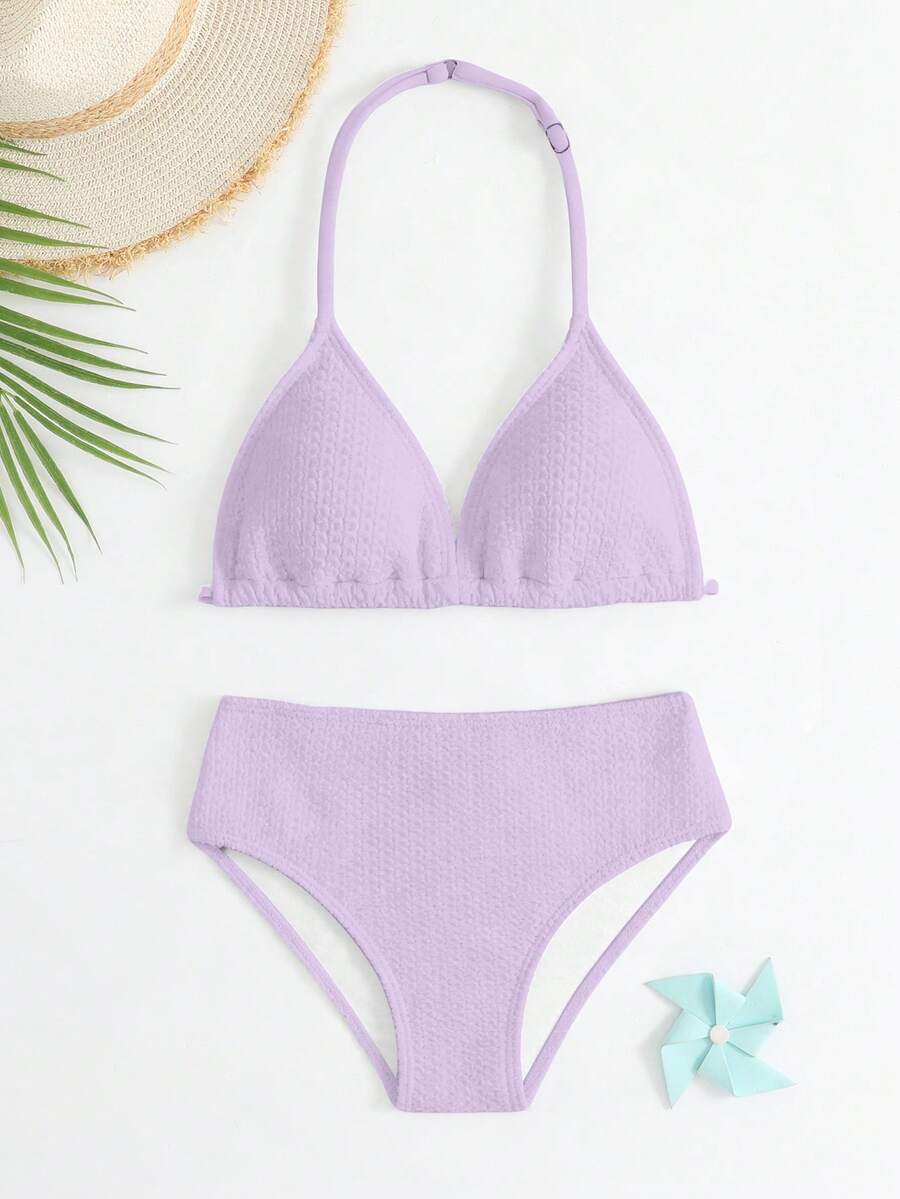 Bộ bikini mới năm 2026 dành cho bé gái tuổi teen, chất liệu vải dệt kim cao cấp, thiết kế cổ yếm chữ V, gồm 2 mảnh, đồ bơi thời trang phù hợp cho kỳ nghỉ hè. - Màu tím hoa cà - Xem 1