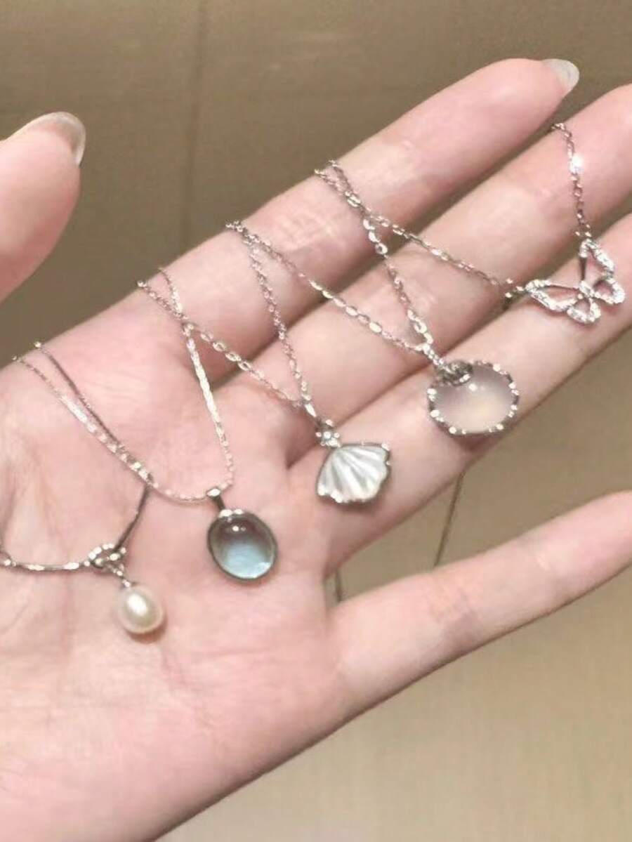 Five-Piece Set Elegant Design Necklace White Jade Moonstone Light Luxury Simple Versatile Choker Niche High-End Clavicle Chain - Necklace - View 1