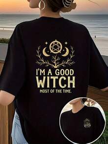 Printed T-Shirt With Front And Back Designs, Witch And Good Witch Patterns, Women's Round-Neck Casual Short-Sleeve,  And Fashionable Casual Style, Women's Double-Sided Printed Top - 黑色 - 查看 1