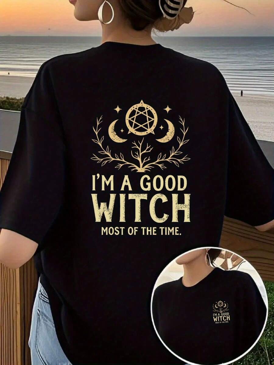 Printed T-Shirt With Front And Back Designs, Witch And Good Witch Patterns, Women's Round-Neck Casual Short-Sleeve, And Fashionable Casual Style, Women's Double-Sided Printed Top - 黑色 - 查看 1