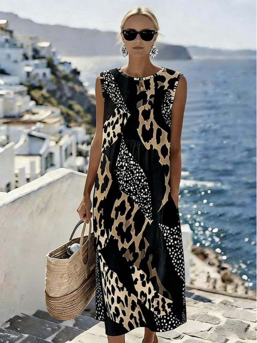 Summer Casual Sleeveless Leopard Print Patchwork Vacation Dress Elegant Black - Black - View 1