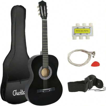 38" Acoustic Guitar Bundle Kit For Starter Beginner Music Lovers, 6-String Folk Guitar With Gig Bag, Extra Set Steel Strings, Strap, Pitch Pipe And Pick, Black
