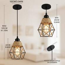 1/2 buah Lampu Gantung Tali Rami Retro Nordik, Lampu Gantung Sangkar Burung Besi Geometris Industri untuk Ruang Makan, Bar, Dapur, Kamar Tidur, Soket Bohlam E27, Pencahayaan Dekorasi Pedesaan (Bohlam Tidak Termasuk) - Hitam - View 6