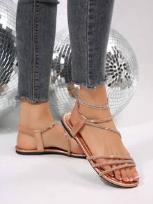 Rhinestone Strap Elastic Back Flat Sandals, Women's Summer New Round Toe Sparkling Jewel Fairy Style Outdoor Beach Slippers - Champagne - View 6