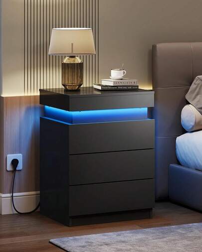 Modern Nightstand With Charging Station & LED Lights, 3-Drawer Bedside End Table With Sliding Top & Hidden Storage, For Bedroom Living Room, Space-Saving Accent Furniture