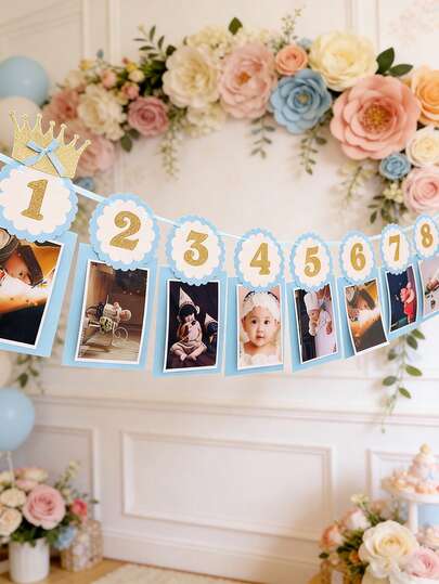 1 Bộ phụ kiện trang trí sinh nhật 1 tuổi (12 tháng) cho bé gồm banner và cờ nhiều màu sắc, khung ảnh, đạo cụ cho tiệc mừng bé chào đời.