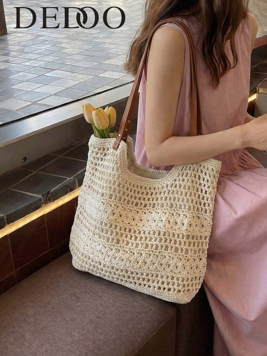 Dedoo Túi tote dệt thời trang dung tích lớn, túi đi biển khoét rỗng kiểu dáng giản dị, thích hợp cho kỳ nghỉ, dã ngoại biển và đi làm hàng ngày, mùa xuân/hè.