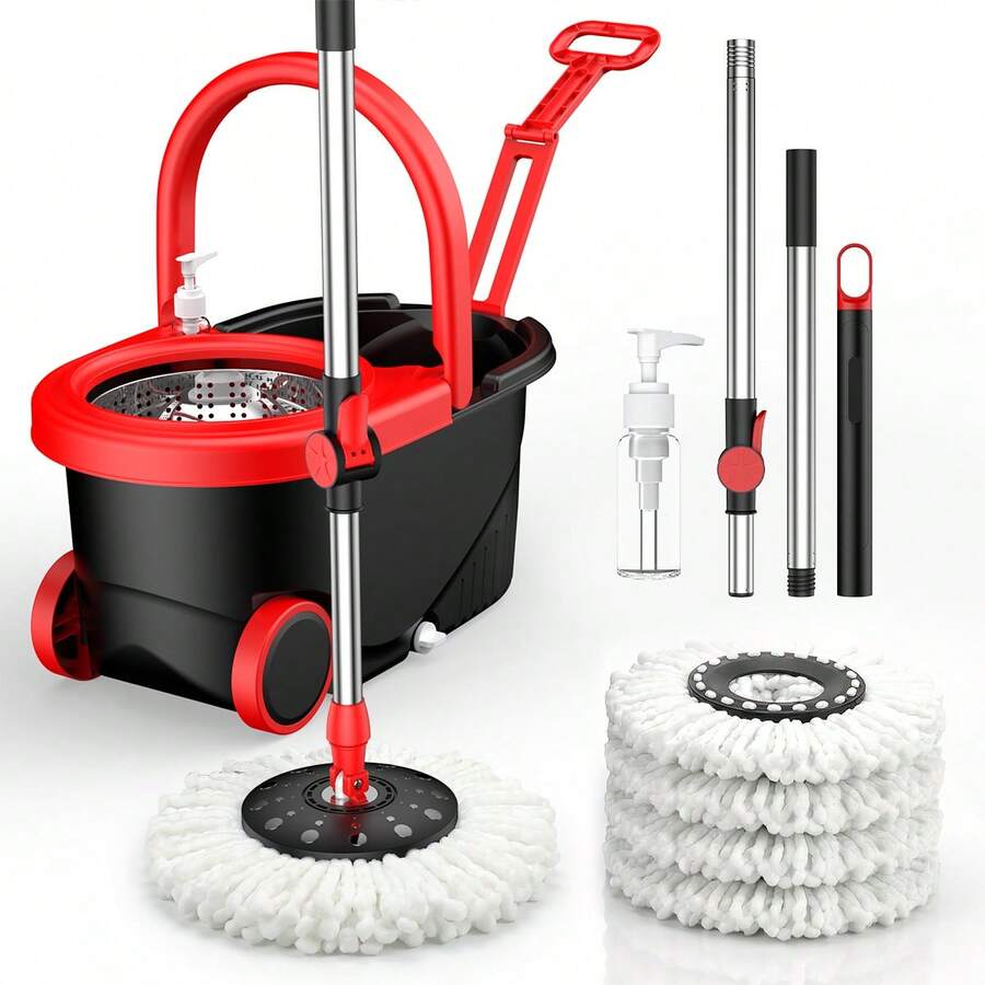 Three  And Bucket Sets,Spin Mop Bucket With Wringer Set, Operable 360 ° Rotating Mop Bucket Set, With 3 Microfiber Replacement Head ,Stainless Steel Mop Bucket 61 Inch Adjustable Handle Household Cleaning Tools Black Plastic - 1 - View 1