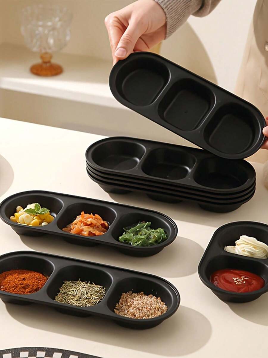Bát chấm chia ngăn màu đen, chất liệu nhựa, đĩa khai vị hình bầu dục có chia ngăn, có thể tái sử dụng, an toàn với máy rửa chén, thích hợp đựng nước tương sushi, gia vị, món ăn kèm, dùng trong tiệc tùng, nhà bếp, đồ ăn nhẹ, trái cây, đồ nướng, món tráng miệng. - Nhiều màu - Xem 1