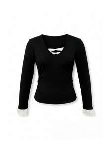 Lace Patchwork Base Layer T-Shirt, Fitted Chic Elegant Women Top - Black - View 9