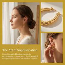 Elegant Bamboo Hoop Earrings, Versatile Jewelry, Gold Stainless Steel Metal, Minimalist Style Suitable For Women's Daily Wear, Office, Dinner, Party, Pool, Gala, Great Gift For Valentine's Day, Mother's Day - Gold - View 9
