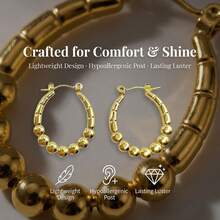 Elegant Bamboo Hoop Earrings, Versatile Jewelry, Gold Stainless Steel Metal, Minimalist Style Suitable For Women's Daily Wear, Office, Dinner, Party, Pool, Gala, Great Gift For Valentine's Day, Mother's Day - Gold - View 7