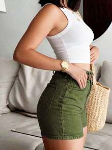 Pantalones cortos de mujer de mezclilla marrón, estilo  casual con botones y bolsillos, tela con estiramiento medio, cómodos y de moda para el verano - Verde militar - Ver 2