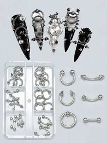 1 Box Assorted 3D Metal Nail Art Rivet Set, Punk Style Mini Metal Spikes Rivets, Cool Girl Rock Style Nail Decoration, DIY Nail Piercing Ring Decor Nail Supplies Nail Charms - Multicolor - View 4