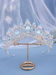 1pc Silver Baroque Bridal Luxury Crown, Wedding Ball Party Rhinestone Headpiece - Baby Blue - View 4