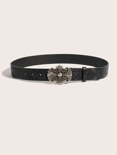 1件装 西式时尚百搭新款男女通用压花花卉个性化复古皮革腰带