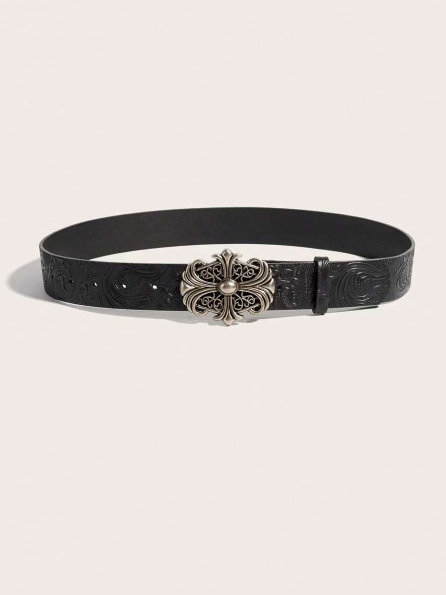 1 chiếc thắt lưng da phong cách phương Tây đa năng, mới, họa tiết hoa dập nổi, kiểu dáng retro, dành cho cả nam và nữ. - màu đen - Xem 1