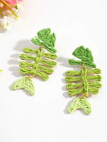 Pendientes de gota con hueso de pescado tejido de estilo bohemio hecho a mano, pendientes de gota con hueso de pescado verde, adecuados para usar en la playa durante el verano - Multicolor - Ver 4