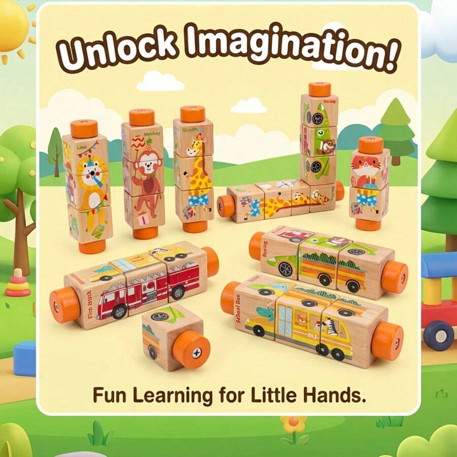 Juguete de rompecabezas de madera giratorio de 4 lados, tema de animales y transporte, bloques de construcción para educación temprana, regalo educativo