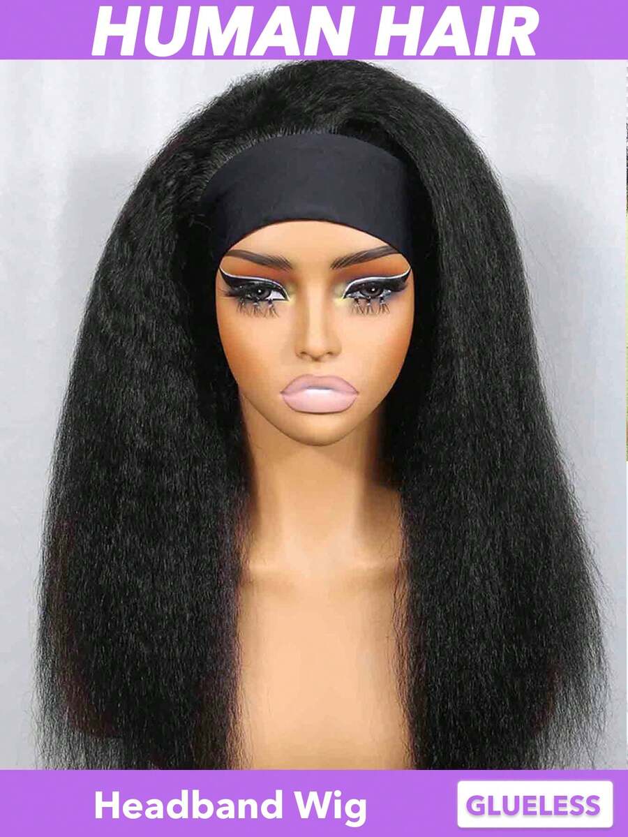 Kinky Straight Headband Wig Human Hair Pull Go Half Wigs Human Hair 150 Density Headband Glueless Wigs Remy Human Hair Wigs Full Machine Made Real Human Hair Wigs No Glue For Women Easy To Wear 8-24 26 28 30 Inch Natural Black - Natural Black - View 1