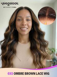 MEGALOOK 6"X5" Perruque en cheveux humains ondulés sans colle, couleur dégradé brun, 100% cheveux naturels, densité 150%, peut être coiffée avec raie au milieu/sur le côté, raie profonde en Z, convient pour un port quotidien, les fêtes, les mariages, les rendez-vous, ligne de cheveux naturelle - Multicolore - Voir 2