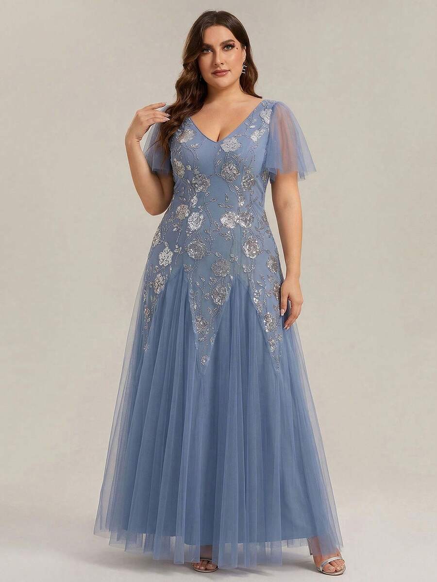 EVERPRETTY Plus Size Women's Rose Floral Sequin Decor V-Neck Formal Party Dress, Ruffle Hem A-Line Maxi Gown, Suitable For Wedding Guest Spring