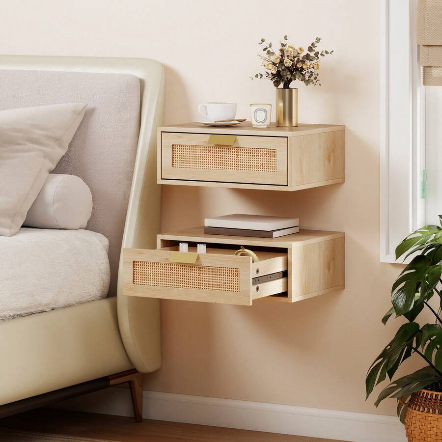 HOMCOM Floating Bedside Tables Set Of 2, Wall Mounted Nightstands With Rattan Drawer And Wood Effect, Boho Side End Tables For Bedroom, Oak - Natural Oak - Xem 1