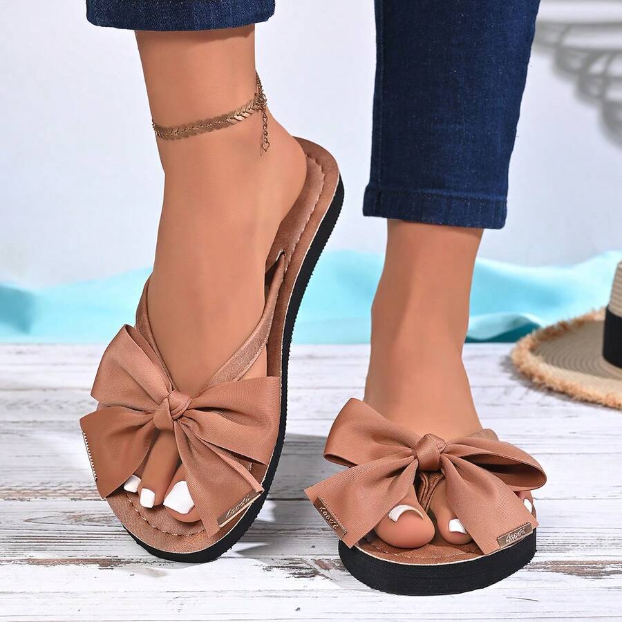 Women's Bow Decor Flip Flops, Fashionable Open Toe Flat Sandals, Casual Beach Thong Slippers For Summer - Brown - View 1