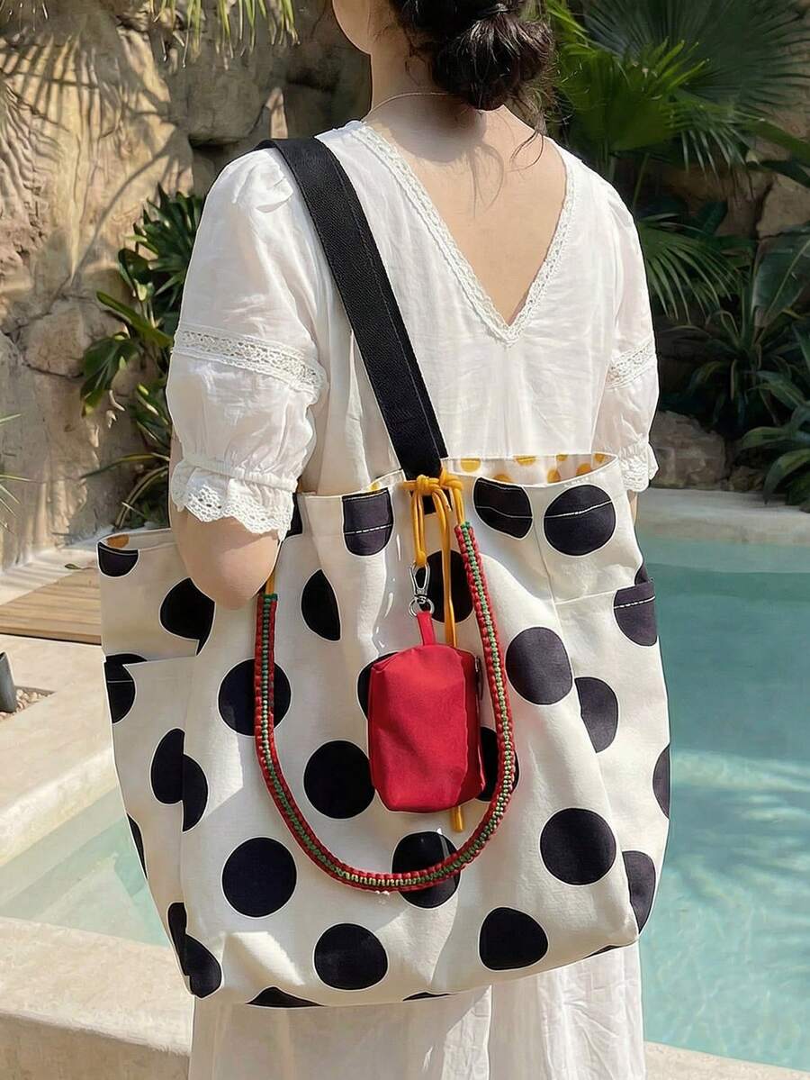 peach tree Reversible Polka Dot Canvas Tote Bag, Large Capacity Commuter Shoulder Bag With Coin Purse, Versatile Casual Handbag For Women, College Students, Travel, Holiday, Back To School, Valentine's Day Gift - Multicolor - View 1