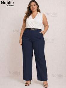 Plus Size Wide Leg Pants Tailored Elegant Casual Zipper Button With Belt - 藏蓝色 - 查看 7