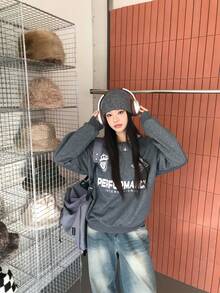 Sudadera holgada de manga larga con caída de hombros y patrón de letras, de color contrastante, para mujer, para primavera - Gris Oscuro - Ver 1