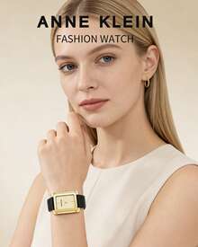 Anne Klein Đồng hồ nữ mặt chữ nhật tông vàng, dây da đen, đồng hồ thạch anh, đồng hồ analog thanh lịch, mặt số màu sâm panh nhạt, dây đeo có thể điều chỉnh, AK/2706CHBK - Vàng - Xem 2