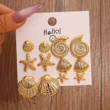 6对/12件装时尚金色海星、贝壳、光滑水滴、纹理C形耳环套装，适合夏季旅行和度假佩戴 - 金色 - 查看 14