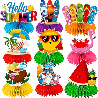 Bộ 9 món trang trí tiệc mùa hè hình tổ ong, vật trang trí trung tâm bàn tiệc chủ đề "Chào mùa hè", vật trang trí trung tâm bàn tiệc hình tổ ong cho tiệc mùa hè, tiệc bãi biển.