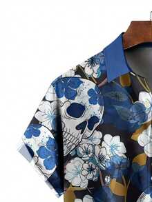 Blue Floral Skulls Symbolizing Freedom And The Cycle Of Life Create A Vivid Tropical Vibe 3D Print Men's Casual Short Sleeve Summer Button Up Shirt - 白色 - 查看 3