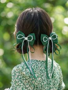2pcs Fashionable Green Tone Cute Bow Hair Clips Set, Casual College Style Accessories For Girls - Green - View 2